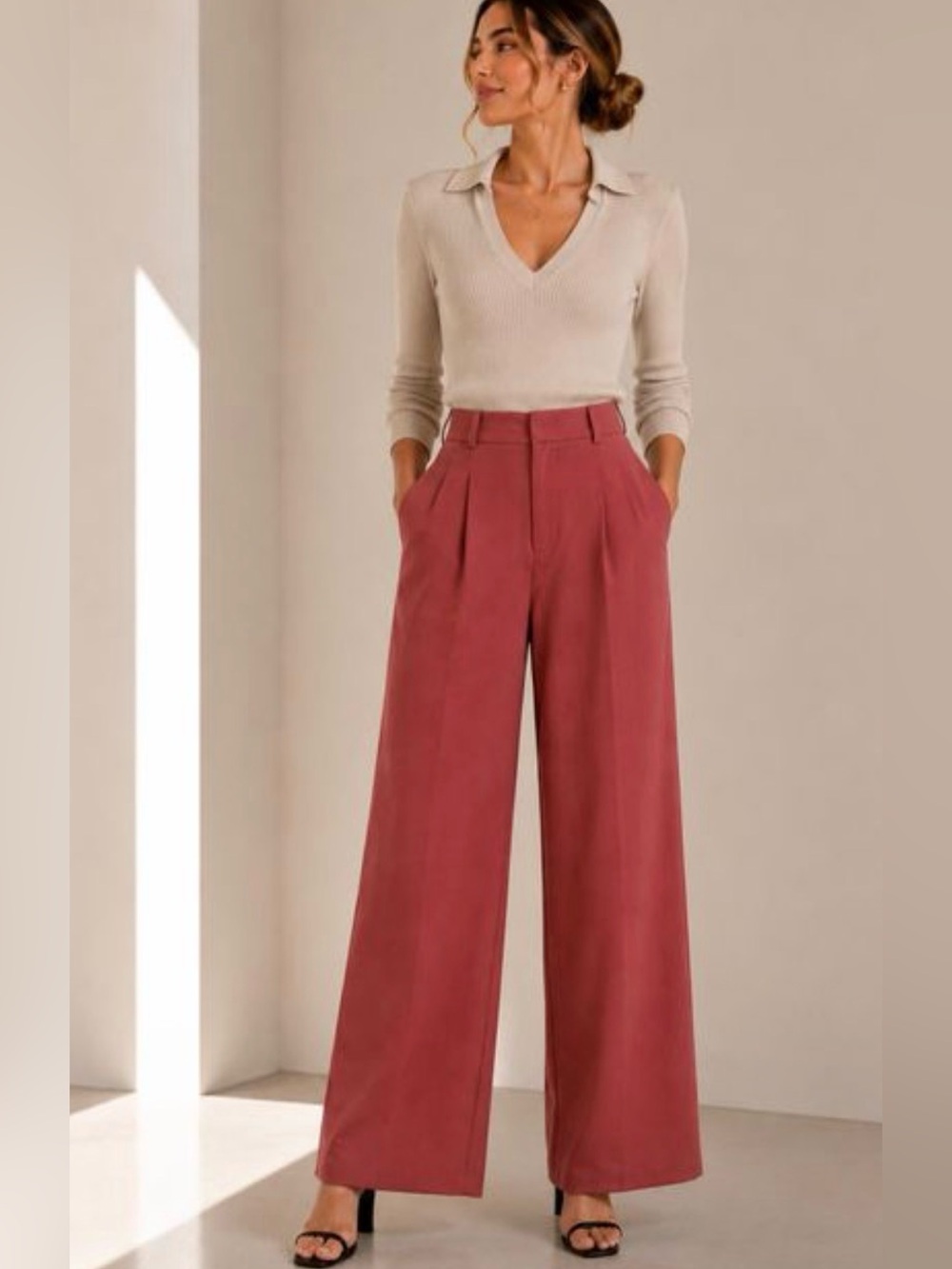 L.K. Bennett Wide Leg Trousers Salmon Pink 8 High Rise Pleated Tailored Workwear